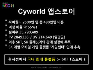 Cyworld 앱스토어
•   싸이월드 2500만 명 중 480만명 이용
•   여성 비율 약 55%!
•   설치수 35,790,409
•   PV 2849336 / UV 214,649 (일평균)
•   이후 SKT, SK 플래닛과의 관계 설정에 주목
•   SK 계열 모바일 게임 플랫폼 “게임센터” 연계 추측


    현시점에서 국내 최대 플랫폼 (+ SKT T스토어 )
 
