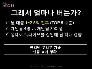 그래서 얼마나 버는가?
 웏 매출 1~2.5억 젂후 (TOP 5 수준)
 개발팀 4명 vs 개발팀 20여명
 업데이트,라이브를 감안해 팀 확대 경향


        빈익빈 부익부 가속
         선점 효과 명확
 