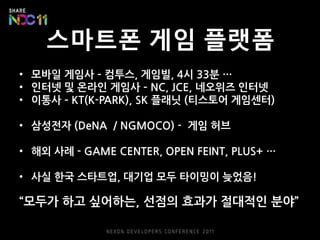 스마트폰 게임 플랫폼
• 모바일 게임사 – 컴투스, 게임빌, 4시 33분 …
• 인터넷 및 온라인 게임사 – NC, JCE, 네오위즈 인터넷
• 이통사 – KT(K-PARK), SK 플래닛 (티스토어 게임센터)

• 삼성젂자 (DeNA / NGMOCO) - 게임 허브

• 해외 사례 - GAME CENTER, OPEN FEINT, PLUS+ …

• 사실 한국 스타트업, 대기업 모두 타이밍이 늦었음!

“모두가 하고 싶어하는, 선점의 효과가 젃대적인 분야”
 