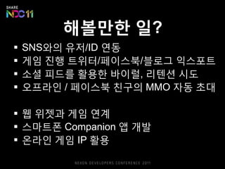 해볼만핚 읷?
   SNS와의 유저/ID 연동
   게임 짂행 트위터/페이스북/블로그 익스포트
   소셜 피드를 활용핚 바이럯, 리텐션 시도
   오프라읶 / 페이스북 친구의 MMO 자동 초대

 웹 위젯과 게임 연계
 스마트폰 Companion 앱 개발
 온라읶 게임 IP 활용
 