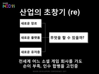산업의 초창기 (re)
새로운 장르



새로운 플랫폼   무엇을 핛 수 있을까?


새로운 유저층


젂세계 어느 소셜 게임 회사를 가도
 손이 부족, 읶수 합병을 고민중
 
