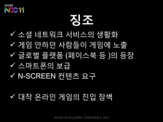 징조
   소셜 네트워크 서비스의 생활화
   게임 안하던 사람들이 게임에 노출
   글로벌 플랫폼 (페이스북 등 )의 등장
   스마트폰의 보급
   N-SCREEN 컨텐츠 요구

 대작 온라읶 게임의 짂입 장벽
 