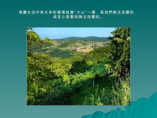現實生活中有太多的事情就像“大山”一樣，是我們無法改變的， 或至少是暫時無法改變的。 