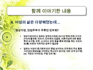 함께 이야기한 내용

4. 여성의 삶은 다양해졌는데…

 정상가정, 전업주부가 주류인 민우회?

      정상가정이라고 칭하는 양부모가정은 2011년 현재 전체 가구의
       37%에 불과함. 따라서, 민우회의 싱글맘, 비혼여성에 대한 활동
       확대 요구됨. 또한, 소식지나 강좌 등을 통해 편견을 깨는 고민의
       장(場) 마련과 지속적인 공부가 필요함

      일하는 여성이 증가함에 따라 평일 낮이라는 민우회의 주요 활동
       시간대의 폐쇄성을 지적하는 목소리가 높아짐. 대안 모색 요구됨.
       (ex, 직장인 저녁모임, 주말 강좌 등)
 