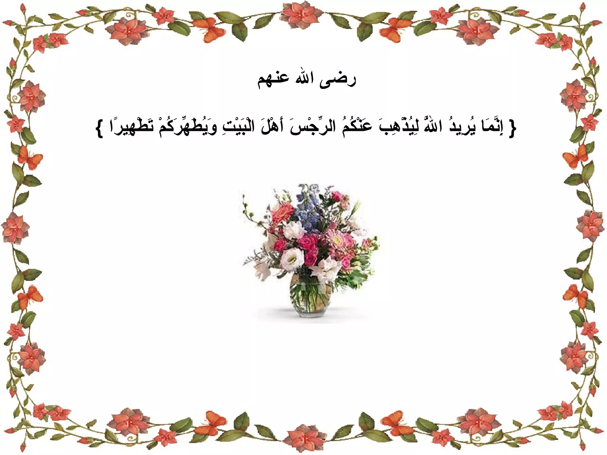 رضى الله عنهم {  إِنَّمَا يُرِيدُ اللَّهُ لِيُذْهِبَ عَنْكُمُ الرِّجْسَ أَهْلَ الْبَيْتِ وَيُطَهِّرَكُمْ تَطْهِيرًا   } 
