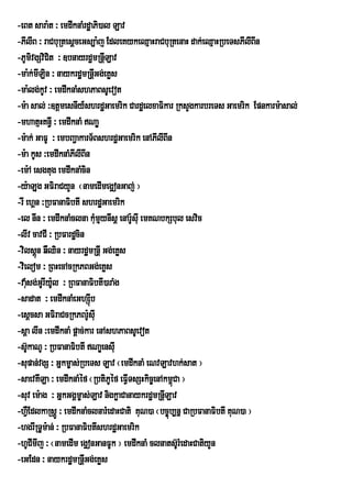 -eBt sara:t ³ emdwknaMrdæaPi)al Lav
-PIlIB ³ raCbuRtesþceGs,a:j EdleKykeQµaHraCbuRtenaH dak;eQµaHRbeTsPIlIBIn
-PUmivgSviCit ³ ]bnayrdæmRnþILav
-ma:k;mILin ³ naykrdæmRnþGg;eKøs
                            I
-ma:lg;kUv ³ emdwknaMshPaBsUevot
-m:a sal; ³]tþmesnIy_shrdæGaemrik CardæelxaFikar RksYgkarbreTs Gaemrik Epnkarm:asal;
-mhatµHKn§I ³ emdwknaM NaÐ
-m:ak; GaFU ³ embBa¢akarT½BshrdæGaemrik enAPIlIBIn
-m:a kUs ³emdwknaMPIlIBIn
-em:A esgtug emdwknaMcin
-y:aLug GFiraCyYn ¬namedImegVonGaj; ¦
-rI ehÁn ³RbFanaFibtI shrdæGaemrik
-el nIn ³ emdwknaMclna kuMmµynIsþ enAr:suI emKNbkSbul esvic
                              u        U
-lIv cavCI ³ RbFardæcin
-vilsþn qWQin ³ nayrdæmRnIþ Gg;eKøs
        ú
-vielom ³ RBHecAcRkPBGg;eKøs
-vaMsg;GrU IyU:l ³ RBFanaFibtI)araMg
    u
-sadat ³ emdwknaMeGhSIb   ú
-esþcsa GFiraCcRkPBr:UsIu
-sþa lIn ³emdwknaM pþac;kar enAshPaBsUevot
-s‘UkaNU ³ RbFanaFibtI NaÐensIu
-supan;vgS ³ Gñkm©as;RbeTs Lav ¬emdwknaM eNvLavhk;sat ¦
-saevKILa ³ emdwknaMéf ¬RbtiPéf eFITsSHkic©enAkm<Ca ¦
                                U V                 ú
-suv em:ag ³ GñkGgÁm©as;Lav nigkøaCanaykrdæmRnþLav
                                                I
-hVEW dlkaRsþÚ ³ emdwknaMclnarMedaHCati KuN)a ¬bc©úb,nñ CaRbFanaFibtI KuN)a ¦
-hgrIRTUm:an; ³ RbFanaFibtIshrdæGaemrik
-hUCmIj ³ ¬namedIm egVonGanFUk ¦ emdwknaM clnats‘rU MedaHCatiyYn
      I
-eGEdn ³ naykrdæmRnþIGg;eKøs
 