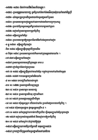 -1775-1860 dMnak;kalTI2énsm½y]tþg.    ú
-1854-RBHGgÀDYgesayraCú TUtExµreTATMnak;TMngnÖgkugs‘y)araMgenAsigÛburI
                                                    u
-1860-)arMgcUlRtYtRtaelIyYnedaytaMgmUldaænenAéRBnKr
-1861-RBH)atneratþmePosxøYÜneTA)agkkedaynaMykbBa©kkuFPNÐ
-1862-RBHraCaExµrTTYlTsSnkic©rbs;elakÉktþmnavabUNa
-1862-esomnaMRBHneratþmmkRsukExµrvij
-1963-sn§isBaaØ)araMgExµr
-1963-RBH(atneratþm[extþeBaFisat;nigkMBg;saVyeTAesom
-1 qñÚ 1963 sn§isBØaaExµresom
-mina 1864 sn§sBaØaepJIrRtLb;BIRkug)arIs
              i
-3 mifuna 1964 RBH)aTneratþmraCaPieskenARkug]tþgeday)araMg .
-07 867 sn§isBaØa)araMgesom
-1867 RBHneratþmyagecjBIRkug]tþg mkP>B
-1877 erobcMc,ab;TMlab;kñgRbeTs
                            ú
-17 06 1884 sn§isBaØafµmYyrvag)araMgExµr km<úCaeRkameTA)araMgTaMgRsug
                          I
-1886-1887 kare)aHeqñatRbqaMgnig)araMg
-9 11 1953 ÉkraCüBI)araMgrbs;km<Ca ú
-31 10 1922 RBHneratþmsIhnuRbsURt
-23 04 1941 RBHneratþm esayraCü
-28 10 1941 RBHneratþmsIhnu erobGPiesk
-06 05 1947 RbTanrdæFmnuBaØelIkTImy  Y
-09 03 1945 Cb:uncUlRsuk ehIycab;)araMg RBmTaMgfaVÉkraCmkExµrvij .
-09 1945 Cb:uncajsRgÁam dUcenñHRtUecjBIk>C .
-07 01 1946 )araMgRtLb;mkkan;kab;vijehIy eFIVGnusBaØa)araMgExµrmYyeTot
-12 1947 esomRbKl;extþ)at;dMbg; nigesomrab[mkExµrvij
-21 05 1949 )araMgPa¢b;k>CeRkay[yYn
-1949 sn§sBaØa)aramgExµrbEnþmelI GnusBaØa1946
         i
-1949 BYkeyokmIjcUltaMgmUldæanB½nenA)at;dMbg
 