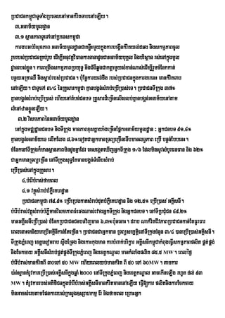 RbCaCnkm<úCaTUTaMgRbeTsenAmankMritTabenAeLIy.
   3/Gnam½ymUldæan
   3/1 sßanPaBTUeTAenARbeTskm<Ca    ú
   kargarGb;rMsuxPaB Gnam½ymUldæanCaKnøwHmYykñgkarbegánkMrityl;dqg nigskmµPaBcUl
                                                   ú         I
rYmrbs;RbCaCnRKb;rUb edIm,IGnuvtþviFankarnanadUcCaGnam½ybuKÁl nigbrisßan rs;enAkñgmUl
                                                                                   ú
dæanrbs;xøn. karBRgwgskmµPaBRbyuT§ nwgCMgWqøgCaktþamYysMxan;Nas;edIm,IrYmcMEnkkat;
            Ü
bnßyGRtaQW nigsøab;rbs;RbCaCn. buE: nþkaryl;dwg rbs;RbCaCnkñgkargarenH mankMritTab
                                                                    ú
enAeLIy. CaTUeTA 3¼4 énRKYsarkm<úCa KµanbgÁn;sMrab;eRbIR)as;eT. RbCaCnTIRkug 37°
KµanbgÁn;sMrab;eRbIR)as; ehIyenAtMbn;CnbT RKYsard¾eRcInelIslb;KµanbgÁn;Gnam½yenAtam
lMenAzanxøneLIy.
              Ü
     3/2 vismPaBénGnam½ymUldæan
   enAkñúgmCÄdæanCnbT nigTIRkug manPaBxusKñaya:geRcInEpñkGnam½ymUldæan ³ GñkCnbT 91/4°
KµanbgÁn;Gnam½yeT elIkElg 8/6°eTotCaGñkmanRTBüeRcIneTIbmanlT§PaB eRbI bnÁn;EbbenH.
cMEnkenATIRkugk¾mansßanPaBmindUcKñaEdr eKsegáteXIjGñkTIRkug 1¼6 EdlminsUvsMbUrFnFan nig 62°
CaGñkmanRTBüeRcIn enATIRkugsuT§EtmanbgÁn;TMenIbsMrab;
eRbIR)as;enAkñgRKYsar.
                    ú
        4/bMerIbMras;famBl
        4/1 vtßsMrab;bMPøeW Khdæan
                  ú
        RbCaCnkm<úCa 79/9° eRbIeRbgkatsMrab;dutbMPøWeKhdæan nig 12/5° eRbIR)as ;GKÁIsnI.
bMerIbMras;vtßsMrab;bMPømanvismPaBFMeFgNas;rvagGñkTIRkug nigGñkCnbT. enATIRbCuMCn 49/2°
                ú       W
manGKÁsnIeRbIR)as; cMEnkRbCaCnCnbTvijman 6/3°b:nenaH. drab NakMritCIvPaBRbCaCnkan;EtFUrFar
         I                                                 u
eBlenaHeKniymeRbIGKÁInIkan;EteRcIn. RbCaCnCaGñkman RTBüsm,tþei nATIRkugcMnYn 3¼4 )aneRbIR)as;GKÁIsnI.
TIRkugPñeM Bj extþesomrab sÞwgERTg nigekaHkugman karbMBak;brikçar GKÁIsnIkm<CakMBugeFVIskmµPaBplit pÁt; pÁg;
                                                                            ú
nigEckcay GKÁIsnIsMrab;pÁtpÁg;TIRkugPñeM Bj nigextþkNþal mankMlaMgplit 85/5 MW. eBléf¶
                               ;
bMerIbMras;mankMritBI 30eTA 50 MW ehIyeBlyb;mankMrit BI 50 eTA 60MW. tamkar
)a:n;sµantMrUvkareRbIR)as;GKÁsnIkñgqñaM 2000 enATIRkugPñeM Bj nigextþkNþal GacekIneLIg rhUt dl; 93
                              I ú
MW. tMrUvkarrbs;GtifiCnkñúgbMerIbMras;GKÁIsnImankMritmanenAeLIy eFV[kar plitnigkarEckcay
                                                                       I
minGacsMerctamEpnkarrbs;RksYg]sSahkmµ Er: nigfamBl eRBaHGñk
 