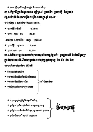  esBeRKOgRsvwg eRKOgejon edirecalkarsikSa
351>etIGñkTIRkugnigGñkCnbT eRbIR)as; RbPBTwk RbPBbMPøW nigRbePT
nÞn³sMrab;cMGinGaharGVIEdleRcInCageKkñúgqñaM 1998?
cM>÷GñkTIRkug ³-RbPBTwk³ TwkbNþaj ¬25°¦
 RbPBbMPøW ³GKÁsnI
                I             ¬49/2°¦
 RbePT nÞn³ Gus            ¬64/9°¦
÷GñkCnbT ³-RbPBTwk ³ GNþg ¬43/4°¦
                        Ú
 RbPBbMPøW ³ eRbgkat ¬86/1°¦
 RbePT nÞn³ Gus     ¬94/3°¦
352>vis½yNaxøHEdleKcat;TukCacegáaménesdækic©Cati? cUrerobrab;BI vis½ynImYy².
kñúgcMenamenaHetIvis½yNamYyEdlCamuxRBYjesdækic© TI1 TI2 nit TI3?
c>cegáaménesdækic©Catiman 5vis½yKW³
 CamuxRBYjesdækic©TI1
 CaGaharsMxan;nigcaM)ac;sMrab;RbCaCn
 CamuxrbrsMxan;cMeBaHksikr               1-vis½yksikmµ
 CaplitplnaMecjeTAeRkARbeTs


    CamuxRBYjesdækic©TI2bnÞab;BIksikmµ
    pþl;rUbFatuedImcM)ac;sMrab;eragcRk]sShkmµ
    pþl;nUvkargarnigcMenHdwgEp¥kbec©keTsdl;RbCaCn
    pþl;plitplnaMecjeTAeRkARbeTs
 