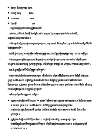  dMnaMRtUv nigdMnaMrYmpSM 63°
 karciBa©wmstV              24°
 karensaT                    10°
 éRBeQI                       3°
  ÷extþEdlsßtkñúgtMbn;dMNaMRsUvsMxan;²KW³
               i
  )at;dMbg/eBaFisat;/kMBg;s<W/kMBg;qñaMg/taEkv/kNþal/éRBvg/sVayerog/kMBg;cam/kMBg;FM/
esomrab/nigbnÞaymanC½y.
  ÷dMnaMbnÞab;bnSMRbmUlpþMtamTenøemKgÁ Tenøsab/ Tenø)asak;/ nigextþkMBt /eRBaH tMbn;TaMgenHsMbUrdICICati
                           ú
nigsMbYrRbPBTwk.
  354>b:Ul]sSahkmµsßitenAkñúgextþRkugNa?enAkñúgbU:l]sShkmµ enaHmanGVIxøH?
  cM>b:Ul]sSahkmµsßtextþkNþal nigRkugPñMeBj. enAkñgbU:l]sSahkmµ enaHmanEkv s½gásI suraKar
                    i                                 ú
ekAsU‘rkg; cMNIGahar stV Rsaebor kûarbnÒH ma:sIunkinRsUv ePsC¢³ nig shRKas kat;edr sMelokbMBak;.
  355>cUrerobrab;BIdaMnaMRsUvenAkm<úCa?
    cM>RsUvCadMNaMsMxan;CageKbMputenAkm<úCa eyIgdMNaMenH daMduH elIépÞdIRbmaN 90° énépÞdI daMduHsrub
kñgqñaM 1999-2000.épÞdIdaMRsUv2157592 hicta EtépÞdIRbmUlplman 2079442hicta
  ú
TinñplmFüm 1/94etan kñgmYyhicta. RbB½n§plitkmµRsUvman lkçN xusEbøkKña eTAtamTItaMg PUmisaRsþ
                            ú
rbbTwk rdUvdaMduH nig kMritRtYtBInitüepSg².
    eKEckRbB½n§plitkmµRsUvCa 3 Epñk ³
 RsUvvsSa³daMeLIgcab;BIEx ]sPa – tula. épÞdIsMrab;RsUvvsSaman 1915592 h>t nigTinñplmFüm
  1/81etan kñúg1 h>t ¬1999-2000¦ TMhMdIERbRbYleTAtamdg;sIuetRbCaCn
  extþEdlpþl;RsUveRcInCageKKW )at;dMbg eBaFisat; kMBg;qañg taEkv esomrab kMBg;FM éRBEvg nig
                                                            M
  sVayerog.
 RsUvR)aMg³daMeLIgcab;BIExvicäka-mifuna . KeeRcIneFVIenAtMbn;Ek,rmat;Tenør sÞåg ERBk
                               i
  edayviFIsÞgnig)acTåkbBa©ÚlenArdUvTåkRsk . épÞdIERsR)aMman242>000h/t . ÉTinÞplmFümKW
            Ú
  3/04etan¼h.t .
 