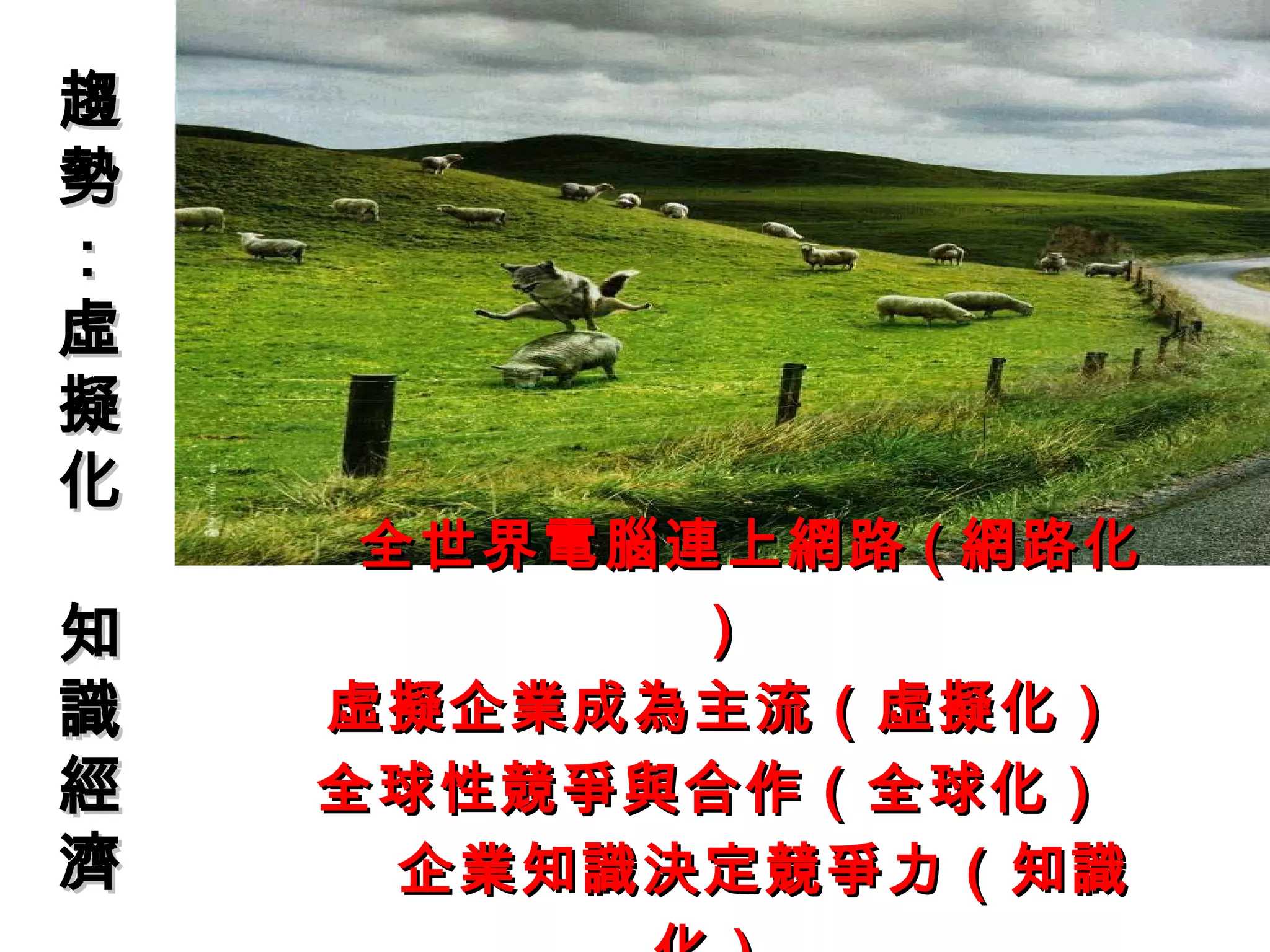 全世界電腦連上網路 ( 網路化） 虛擬企業成為主流（虛擬化） 全球性競爭與合作（全球化）    企業知識決定競爭力（知識化）  趨勢 :  虛擬化 知識經濟 