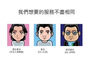 我們想要的服務不盡相同




  潛在會友       會友        資深會友
(未加入演講會)   (C1~C10)   (A1~DTM)
 