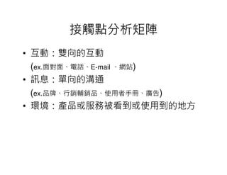 接觸點分析矩陣
• 互動：雙向的互動
  (ex.面對面、電話、E-mail 、網站)
• 訊息：單向的溝通
  (ex.品牌、行銷輔銷品、使用者手冊、廣告)
• 環境：產品或服務被看到或使用到的地方
 