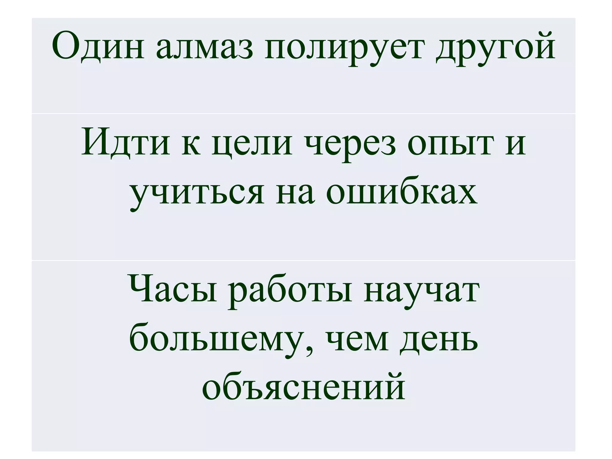 Один алмаз полирует другой Идти к цели через опыт и учиться на ошибках Часы работы научат большему, чем день объяснений 