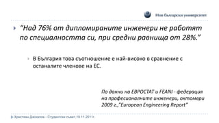    “Над 76% от дипломираните инженери не работят
    по специалността си, при средни равнища от 28%.”

          В България това съотношение е най-високо в сравнение с
           останалите членове на ЕС.



                                                    По данни на ЕВРОСТАТ и FEANI - федерация
                                                    на професионалните инженери, октомври
                                                    2009 г.,”European Engineering Report”

Христиан Даскалов - Студентски съвет,19.11.2011г.
 