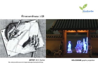 ที่ว่างลวงตาลักษณะ 3 มิติ




                                   ARTIST: M.C. Escher        HOLOGRAM graphic projection
http://www.puzzlehouse.com/images/webpage/drawinghands2.jpg
 