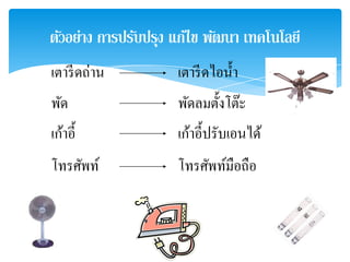 ตัวอย่าง การปรับปรุง แก้ไข พัฒนา เทคโนโลยี
เตารี ดถ่าน          เตารี ดไอน้ า
พัด                  พัดลมตั้งโต๊ะ
เก้าอี้              เก้าอี้ปรับเอนได้
โทรศัพท์             โทรศัพท์มือถือ
 