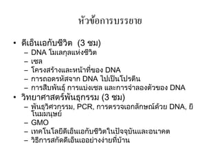 หัวข้อการบรรยาย
• ดีเอ็นเอกับชีวิต (3 ชม)
   –   DNA โมเลกุลแห่งชีวิต
   –   เซล
   –   โครงสร้างและหน้าที่ของ DNA
   –   การถอดรหัสจาก DNA ไปเป็นโปรตีน
   –   การสืบพันธุ์ การแบ่งเซล และการจาลองตัวของ DNA
• วิทยาศาสตร์พันธุกรรม (3 ชม)
   – พันธุวิศวกรรม, PCR, การตรวจเอกลักษณ์ด้วย DNA, ยี
     โนมมนุษย์
   – GMO
   – เทคโนโลยีดีเอ็นเอกับชีวิตในปัจจุบันและอนาคต
   – วิธีการสกัดดีเอ็นเออย่างง่ายที่บ้าน
 