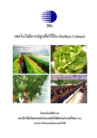 วว.
เทคโนโลยีการปลูกพืชไรดิน (Soilless Culture)




                    ฝายเทคโนโลยีชีวภาพ
  สถาบันวิจยวิทยาศาสตรและเทคโนโลยีแหงประเทศไทย (วว.)
           ั
              กระทรวงวิทยาศาสตรและเทคโนโลยี
 