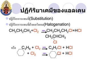 ปฏิกรยาเคมีྺองแอลเคน
               ิ ิ
ปฏิกิริยาการแทนที่(Substitution)
ปฏิกิริยาการแทนที่ดวยแฮโลเจน(Halogenation)
                    ้
  CH3CH2CH3+Cl2         แสง
                          CH3CH2CH2Cl+HCl
                        CH3CHCH3
                             Cl
   หรื อ   C3H8 + Cl2 แสง C3H7Cl + HCl
             + Cl2    แสง       Cl + HCl
 