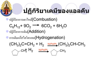 ปฏิกรยาเคมีྺองแอลคีน
              ิ ิ
ปฏิกิริยาการเผาไหม้(Combustion)
 C6H12+ 9O2              6CO2 + 6H2O
ปฏิกิริยาการเติม(Addition)
การเติมแก๊สไฮโดรเจน(Hydrogenation)
  (CH3)2C=CH2 + H2 Ni/Pd/Pt (CH3)2CH-CH3
         + H2 Ni/Pd/Pt
 
