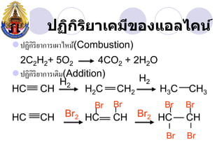 ปฏิกรยาเคมีྺองแอลไคน์
             ิ ิ
ปฏิกิริยาการเผาไหม้(Combustion)
 2C2H2+ 5O2              4CO2 + 2H2O
ปฏิกิริยาการเติม(Addition)      H2
                H2
HC CH                 H2C CH2        H 3C   CH3
                     Br   Br         Br     Br
HC     CH    Br2 HC       CH Br2 HC         CH
                                      Br    Br
 