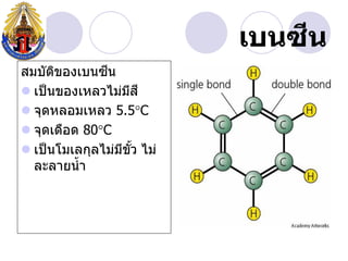 ี
                           เบนซน
สมบัตของเบนซน
       ิ       ี
 เป็ นของเหลวไม่มส ี
                    ี
 จุดหลอมเหลว 5.5C
 จุดเดือด 80C
 เป็ นโมเลกุลไม่มขว ไม่
                  ี ั้
  ละลายน้ า
 