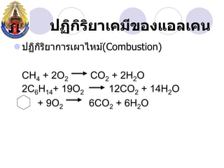 ปฏิกรยาเคมีྺองแอลเคน
           ิ ิ
ปฏิกรยาการเผาไหม ้(Combustion)
     ิ ิ

 CH4 + 2O2    CO2 + 2H2O
 2C6H14+ 19O2    12CO2 + 14H2O
    + 9O2     6CO2 + 6H2O
 