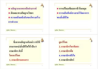 หลักฐานจากซากดึกดําบรรพ                       การเปรียบเทียบสารชีวโมเลกุล
     ลักษณะทางสัณฐานวิทยา                           ความสัมพันธทางสายวิวัฒนาการ
     ความคลายคลึงกันของโครงสราง                 ของสิ่งมีชีวิต
   การทํางาน

ครูกัลยา สีดอกบวบ                          9
                                               ครูกัลยา สีดอกบวบ                   10




          ซึ่งจากหลักฐานดังกลาว ทําให                ยูคาริโอต
     สามารถแบงสิ่งมีชีวิตได เปน 5                   2. อาณาจักรโพรทิสตา
     อาณาจักร ดังนี้                                   3. อาณาจักรพืช
     โพรคาริโอต                                        4. อาณาจักรฟงไจ
     1. อาณาจักรมอเนอรา                                5. อาณาจักรสัตว
ครูกัลยา สีดอกบวบ                         11
                                               ครูกัลยา สีดอกบวบ                   12
 