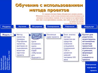 Обучение с использованием метода проектов Модуль 1 Метод проектов, примеры Портфолио проектов, критерии их оценивания, визитная карточка проекта Цели основного курса программы  Intel®  «Обучение для будущего» Основные идеи проекта Блог: анализ метода проектов как средства освоения учащимися содержания ГОС и развития умений человека  XXI  века Буклет для родителей, акцентирующий внимание на методе проектной деятельности и умениях, формируе-мых у учащихся в проекте Электронное  портфолио  проекта Основной курс образовательной программы  Intel®  «Обучение для будущего», Версия 10.0 Изучение Обсуждение Планирование Рефлексия Результат Разделы   Со знанием должно быть обязательно связано умение… Печальное явление, когда голова ученика наполнена большим или меньшим количеством знаний, но он не научился их применять, так что о нем приходится сказать, что хотя он кое-что знает, но ничего не умеет. Адольф Фридрих Дистервег 