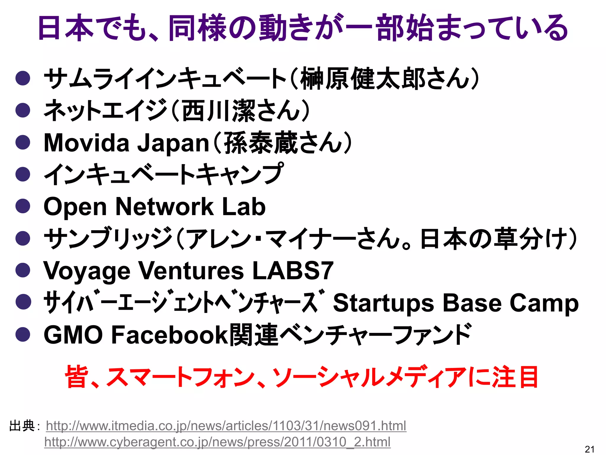 日本でも、同様の動きが一部始まっている
 サムライインキュベート（榊原健太郎さん）
 ネットエイジ（西川潔さん）
 Movida Japan（孫泰蔵さん）
 インキュベートキャンプ
 Open Network Lab
 サンブリッジ（アレン・マイナーさん。日本の草分け）
 Voyage Ventures LABS7
 ｻｲﾊﾞｰｴｰｼﾞｪﾝﾄﾍﾞﾝﾁｬｰｽﾞ Startups Base Camp
 GMO Facebook関連ベンチャーファンド
        皆、スマートフォン、ソーシャルメディアに注目
出典： http://www.itmedia.co.jp/news/articles/1103/31/news091.html
    http://www.cyberagent.co.jp/news/press/2011/0310_2.html       21
 