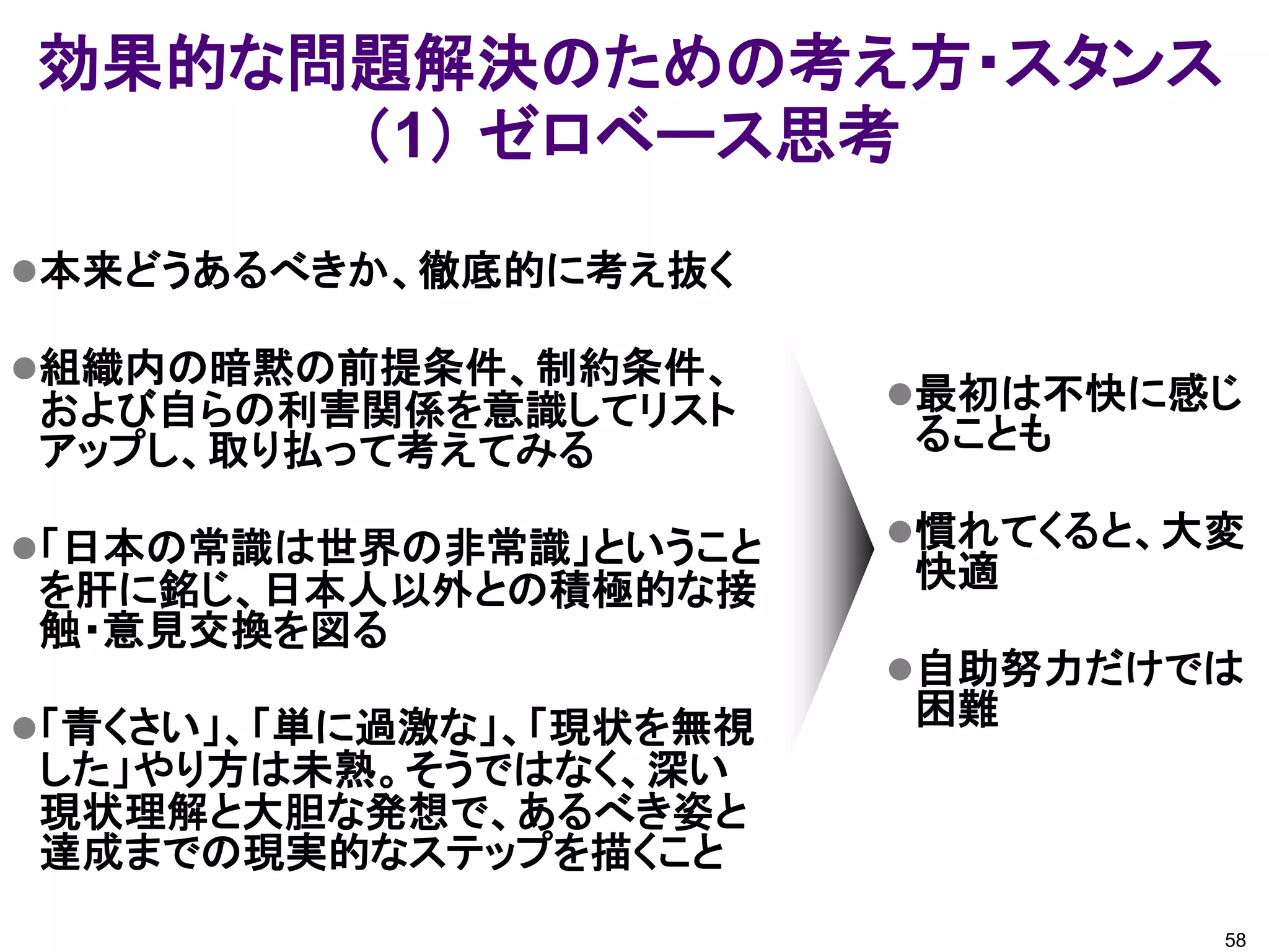 効果的な問題解決のための考え方・スタンス
     （1） ゼロベース思考

本来どうあるべきか、徹底的に考え抜く

組織内の暗黙の前提条件、制約条件、
および自らの利害関係を意識してリスト       最初は不快に感じ
アップし、取り払って考えてみる          ることも

「日本の常識は世界の非常識」ということ     慣れてくると、大変
を肝に銘じ、日本人以外との積極的な接       快適
触・意見交換を図る
                         自助努力だけでは
「青くさい」、「単に過激な」、「現状を無視   困難
した」やり方は未熟。そうではなく、深い
現状理解と大胆な発想で、あるべき姿と
達成までの現実的なステップを描くこと
                                  58
 
