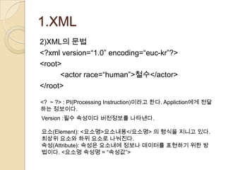 1.XML
2)XML의 문법
<?xml version=“1.0” encoding=“euc-kr”?>
<root>
      <actor race=“human”>철수</actor>
</root>

<? ~ ?> : PI(Processing Instruction)이라고 한다. Appliction에게 전달
하는 정보이다.
Version :필수 속성이다 버전정보를 나타낸다.

요소(Element): <요소명>요소내용</요소명> 의 형식을 지니고 있다.
최상위 요소와 하위 요소로 나눠진다.
속성(Attribute): 속성은 요소내에 정보나 데이터를 표현하기 위한 방
법이다. <요소명 속성명 = “속성값”>
 