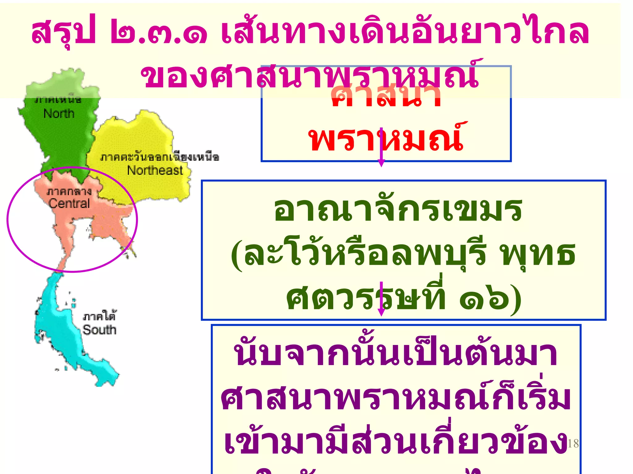 ศาสนาพราหมณ์ อาณาจักรเขมร  ( ละโว้หรือลพบุรี พุทธศตวรรษที่ ๑๖ ) นับจากนั้นเป็นต้นมา ศาสนาพราหมณ์ก็เริ่มเข้ามามีส่วนเกี่ยวข้องในวัฒนธรรมไทย สรุป ๒ . ๓ . ๑ เส้นทางเดินอันยาวไกลของศาสนาพราหมณ์ 