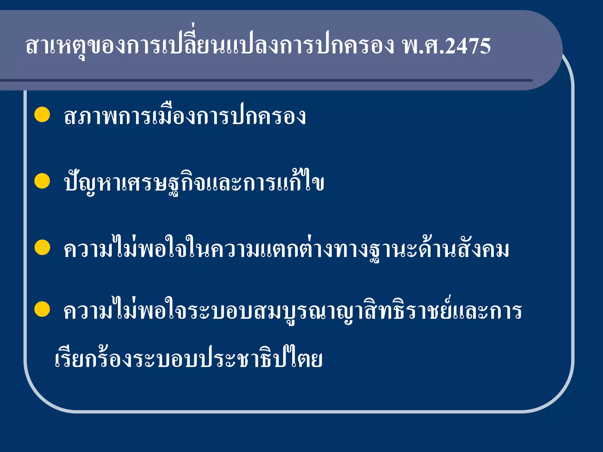 สาเหตุของการเปลียนแปลงการปกครอง พ.ศ.2475
                ่

   สภาพการเมืองการปกครอง
   ปัญหาเศรษฐกิจและการแก้ ไข
   ความไม่ พอใจในความแตกต่ างทางฐานะด้ านสั งคม
    ความไม่ พอใจระบอบสมบูรณาญาสิ ทธิราชย์ และการ
    เรียกร้ องระบอบประชาธิปไตย
 