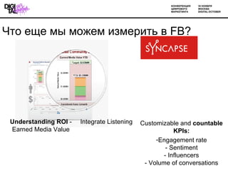 Customizable and  countable KPIs : Engagement rate - Sentiment - Influencers - Volume of conversations Integrate Listening Understanding ROI  -  Earned Media Value  ֧ ާ ާا֧ ڧ٧ާ֧ڧ   FB ? 