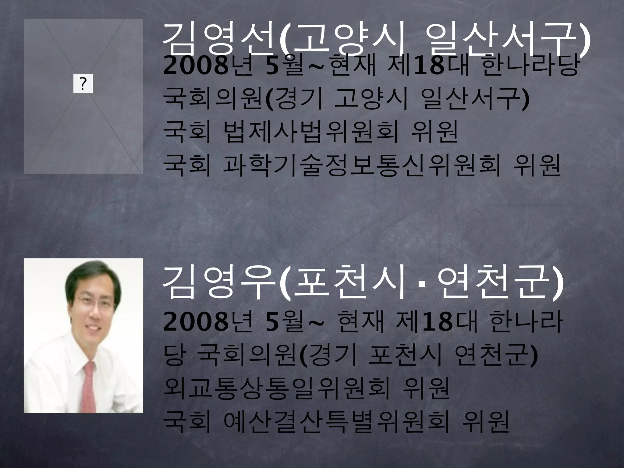 김영선(고양시 일산서구)
2008년 5월~현재 제18대 한나라당
국회의원(경기 고양시 일산서구)
국회 법제사법위원회 위원
국회 과학기술정보통신위원회 위원



김영우(포천시·연천군)
2008년 5월~ 현재 제18대 한나라
당 국회의원(경기 포천시 연천군)
외교통상통일위원회 위원
국회 예산결산특별위원회 위원
 