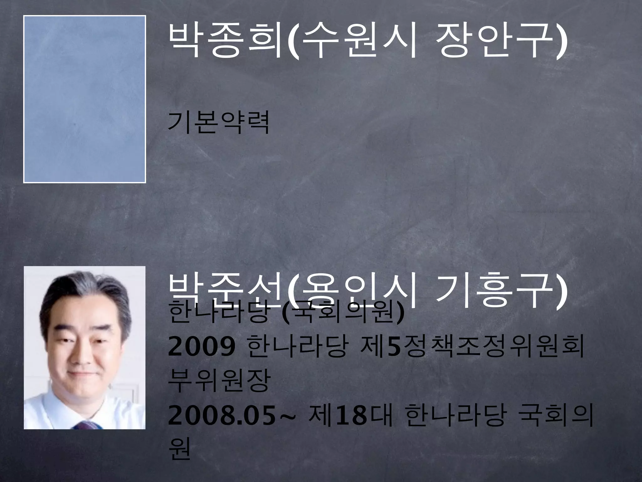 박종희(수원시 장안구)
기본약력




박준선(용인시 기흥구)
한나라당 (국회의원)
2009 한나라당 제5정책조정위원회
부위원장
2008.05~ 제18대 한나라당 국회의
원
 