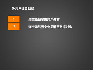 B-用户细分数据


1     淘宝无线星级用户分布

2     淘宝无线男女会员消费数据对比
 