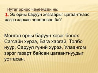 Нутаг орноо чөлөөлсөн нь:
1. Эх орны баруун хязгаарыг цагаантнаас
хэзээ хэрхэн чөлөөлсөн бэ?


Монгол орны баруун хэсэг болох
Сагсайн хүрээ, Бага харгай, Толбо
нуур, Саруул гүний хүрээ, Улаангом
зэрэг газарт байсан цагаантнуудыг
устгасан.
 