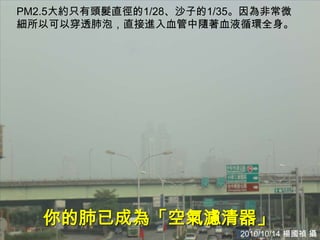 PM2.5大約只有頭髮直徑的1/28、沙子的1/35。因為非常微
細所以可以穿透肺泡，直接進入血管中隨著血液循環全身。




   你的肺已成為「空氣濾清器」                    31
                         2010/10/14 楊國禎 攝
 