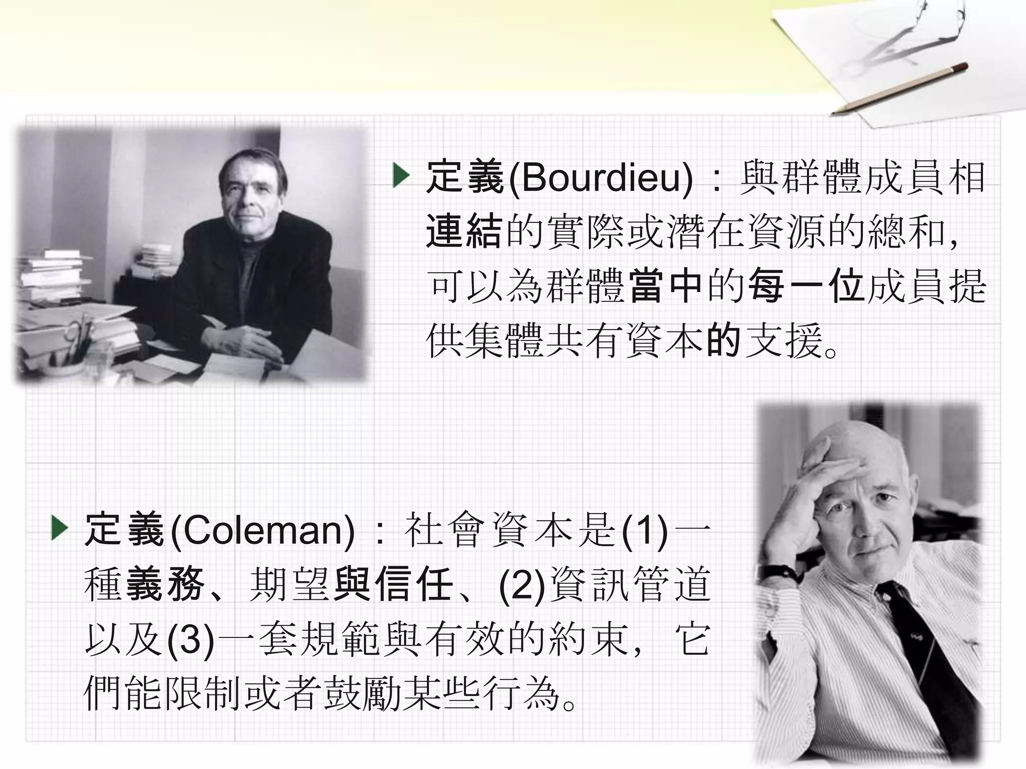定義(Bourdieu)：與群體成員相
           連結的實際或潛在資源的總和，
           可以為群體當中的每一位成員提
           供集體共有資本的支援。



定義(Coleman)：社會資本是(1)一
種義務、期望與信任、(2)資訊管道
以及(3)一套規範與有效的約束，它
們能限制或者鼓勵某些行為。
 
