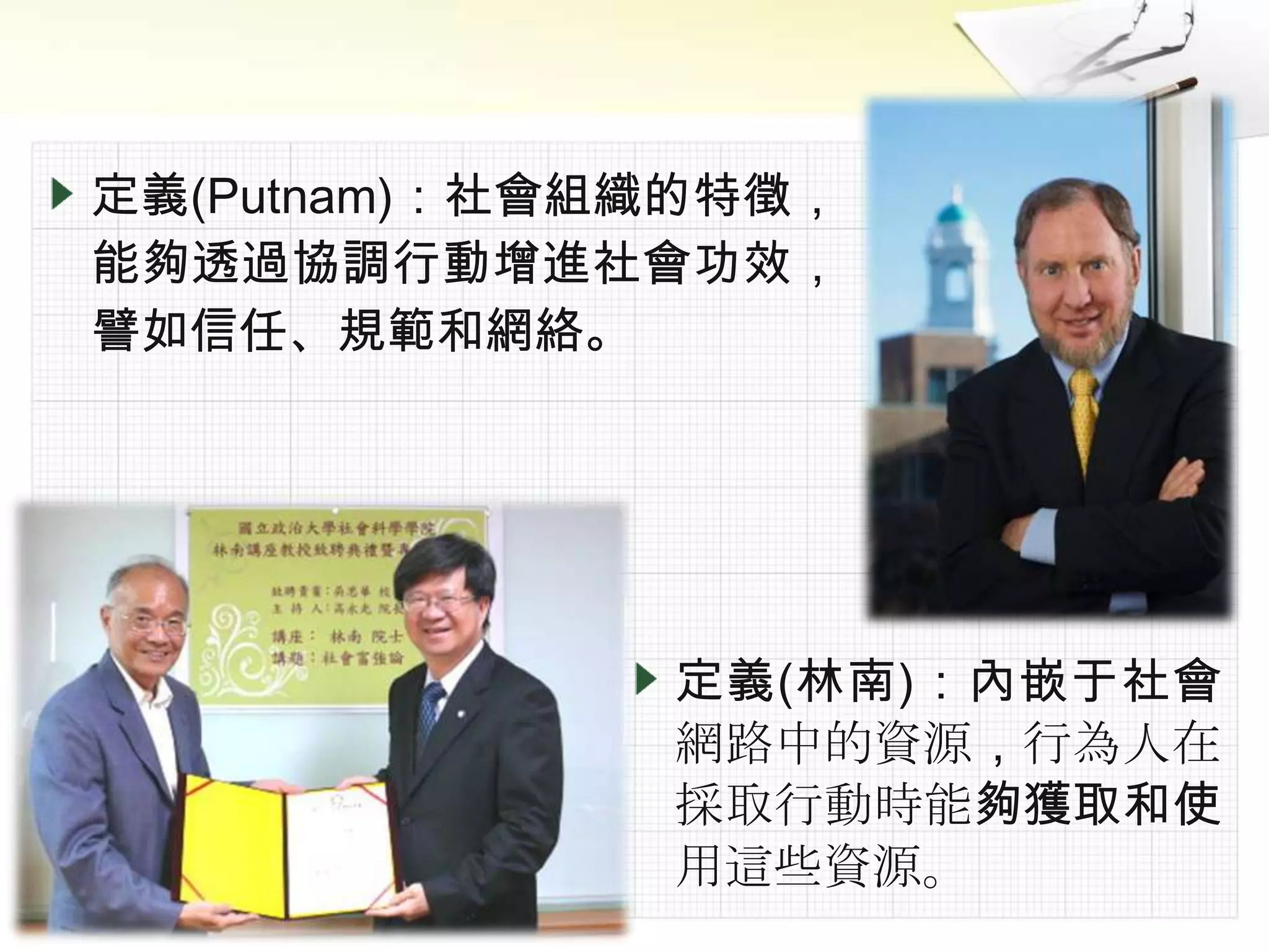 定義(Putnam)：社會組織的特徵，
能夠透過協調行動增進社會功效，
譬如信任、規範和網絡。




              定義(林南)：內嵌于社會
              網路中的資源，行為人在
              採取行動時能夠獲取和使
              用這些資源。
 