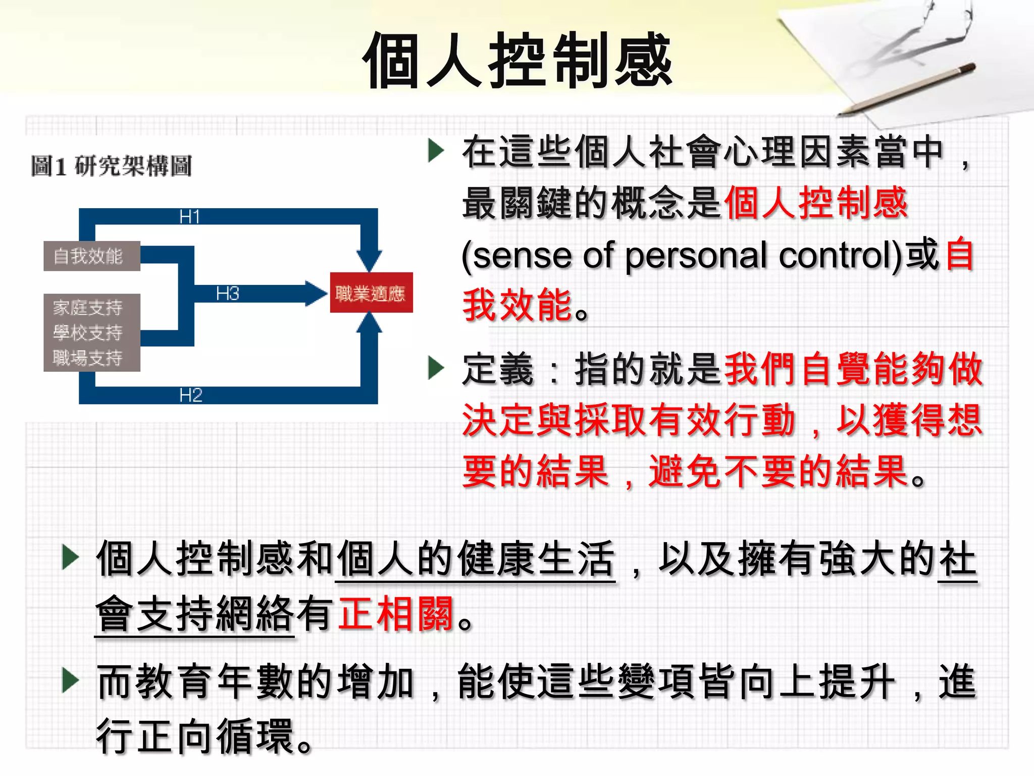 在這些個人社會心理因素當中，
         最關鍵的概念是個人控制感
         (sense of personal control)或自
         我效能。
         定義：指的就是我們自覺能夠做
         決定與採取有效行動，以獲得想
         要的結果，避免不要的結果。

個人控制感和個人的健康生活，以及擁有強大的社
會支持網絡有正相關。
而教育年數的增加，能使這些變項皆向上提升，進
行正向循環。
 