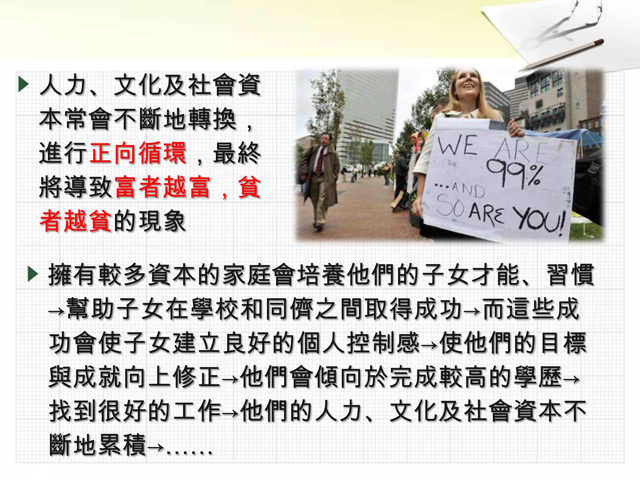 人力、文化及社會資
本常會不斷地轉換，
進行正向循環，最終
將導致富者越富，貧
者越貧的現象

擁有較多資本的家庭會培養他們的子女才能、習慣
→幫助子女在學校和同儕之間取得成功→而這些成
功會使子女建立良好的個人控制感→使他們的目標
與成就向上修正→他們會傾向於完成較高的學歷→
找到很好的工作→他們的人力、文化及社會資本不
斷地累積→……
 