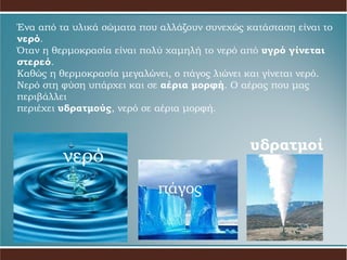 Ένα από τα υλικά σώματα που αλλάζουν συνεχώς κατάσταση είναι το  νερό . Όταν η θερμοκρασία είναι πολύ χαμηλή το νερό από  υγρό γίνεται στερεό . Καθώς η θερμοκρασία μεγαλώνει, ο πάγος λιώνει και γίνεται νερό. Νερό στη φύση υπάρχει και σε  αέρια μορφή . Ο αέρας που μας περιβάλλει  περιέχει  υδρατμούς , νερό σε αέρια μορφή. πάγος υδρατμοί νερό 