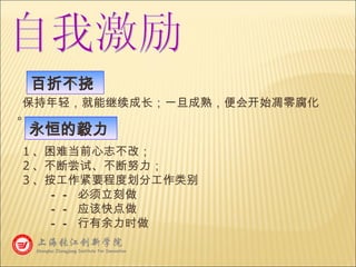 百折不挠 保持年轻，就能继续成长；一旦成熟，便会开始凋零腐化。 永恒的毅力 1 、困难当前心志不改； 2 、不断尝试、不断努力； 3 、按工作紧要程度划分工作类别 —— 必须立刻做 —— 应该快点做 —— 行有余力时做  自我激励 