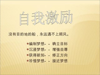 编制梦想—— 确立目标 沉浸梦想—— 增强自尊 获得新知—— 修正方向 珍惜梦想—— 接近梦想 没有目的地的船，永远遇不上顺风。 自我激励 