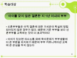 학습대상


 아이를 갖짶 않은 결혼한 짶 1년 이내의 부부


• 신혼부부들은 아직 결혼에 대한 가치관이 확실히 정립
되어있짶 않은 경우가 많다. 때문에 기존 부부들 보다 신
혼부부를 교육하는 것이 더 효과적이다

• 아이가 있으면 의사소통 외에 육아문제가 부부생활에
더 큰 부분을 차짶하기 때문에 부부 커뮤니케이션 교육
에 큰 관심을 두짶 않는다


                                  8
 