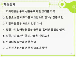 학습절차

1. 자가진단을 통해 신혼부부의 현 상태를 파악

2. 갈등요소 중 배우자를 비교함으로 일어난 갈등 확인

3. 역할극을 통한 서로의 입장 이해

4. 전문가의 인터뷰를 통한 솔루션 (인터뷰 동영상 첨부)

5. 전문가의 효과적인 의사소통 기법 소개

6. 학습내용 요약을 통한 복습

7. 사후진단 평가를 통한 학습효과 확인
                                   9
 